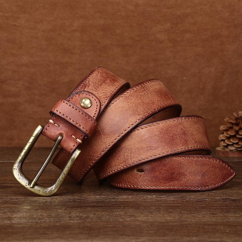 Men's Belt First Layer Cowhide Thickened Copper Buckle Vegetable Tanned Leather Washed Retro Belt