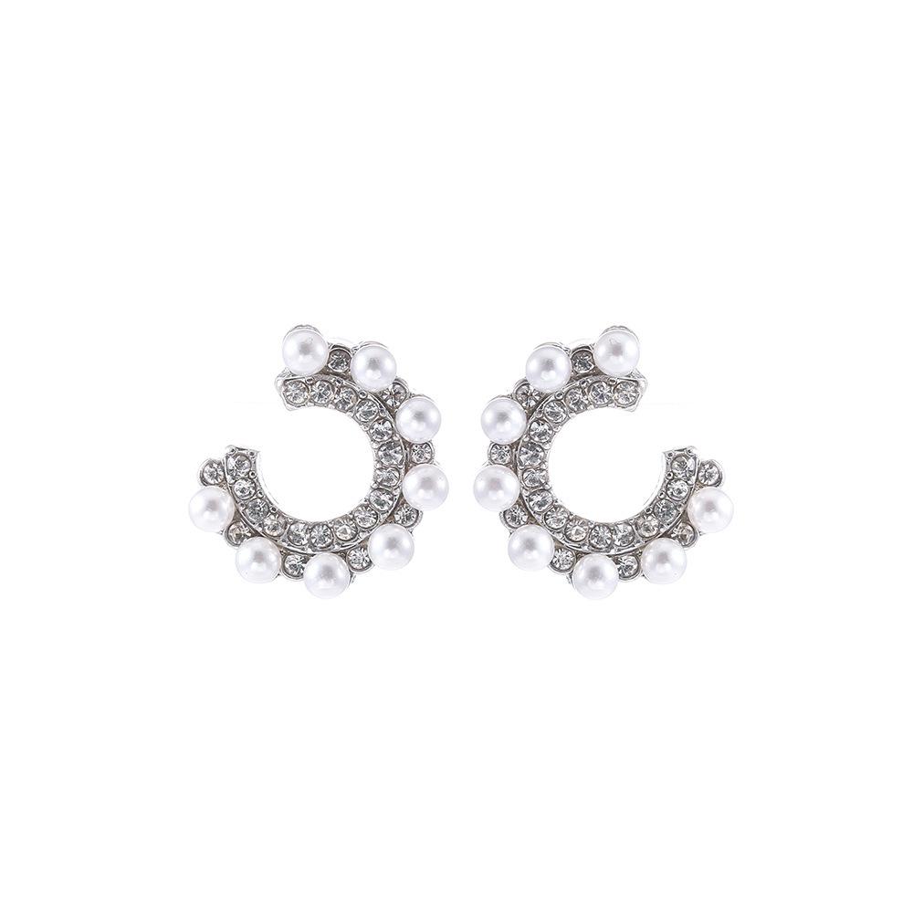 Versatile Korean C-Shaped Pearl & Diamond S925 Silver Earrings B883