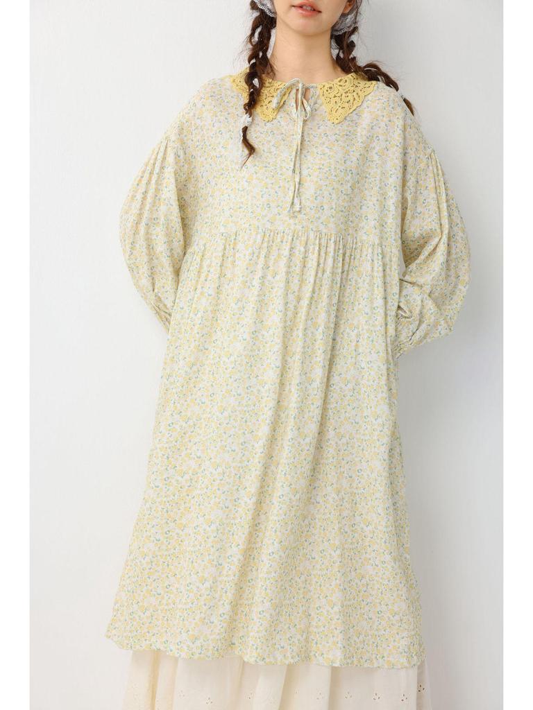 Women's Floral Print Lace-up Doll Collar Cotton Linen Long Sleeve Loose Plus Size Spring Dress