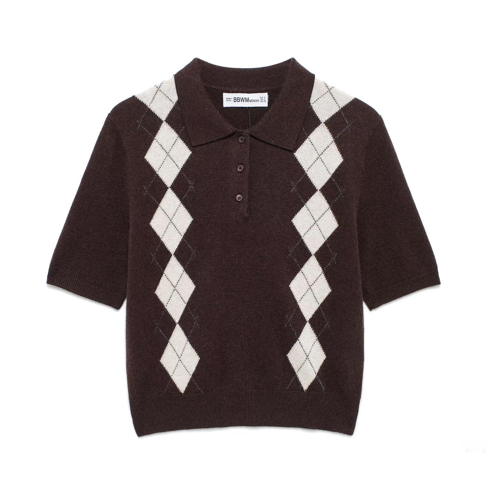 

2025 Spring/Summer Argyle Preppy POLO Collar Knit Women s Top Medium