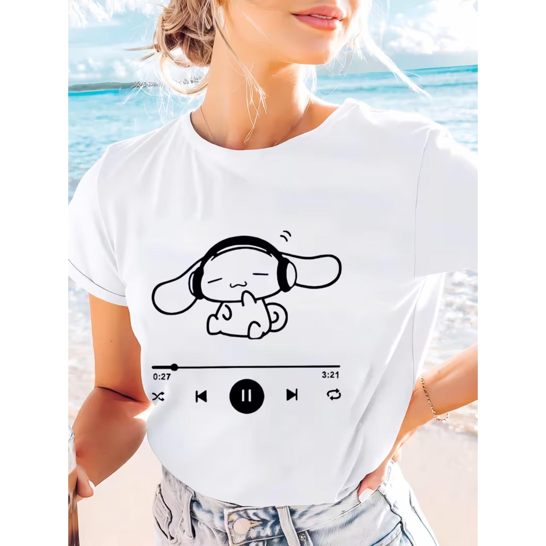 

Для графической футболки Cinnamoroll - Женская кавайная футболка с коротким рукавом, круглым вырезом, повседневный топ, милый мультяшный принт с дизайном в виде наушников, идеальна для лета и весны S белый