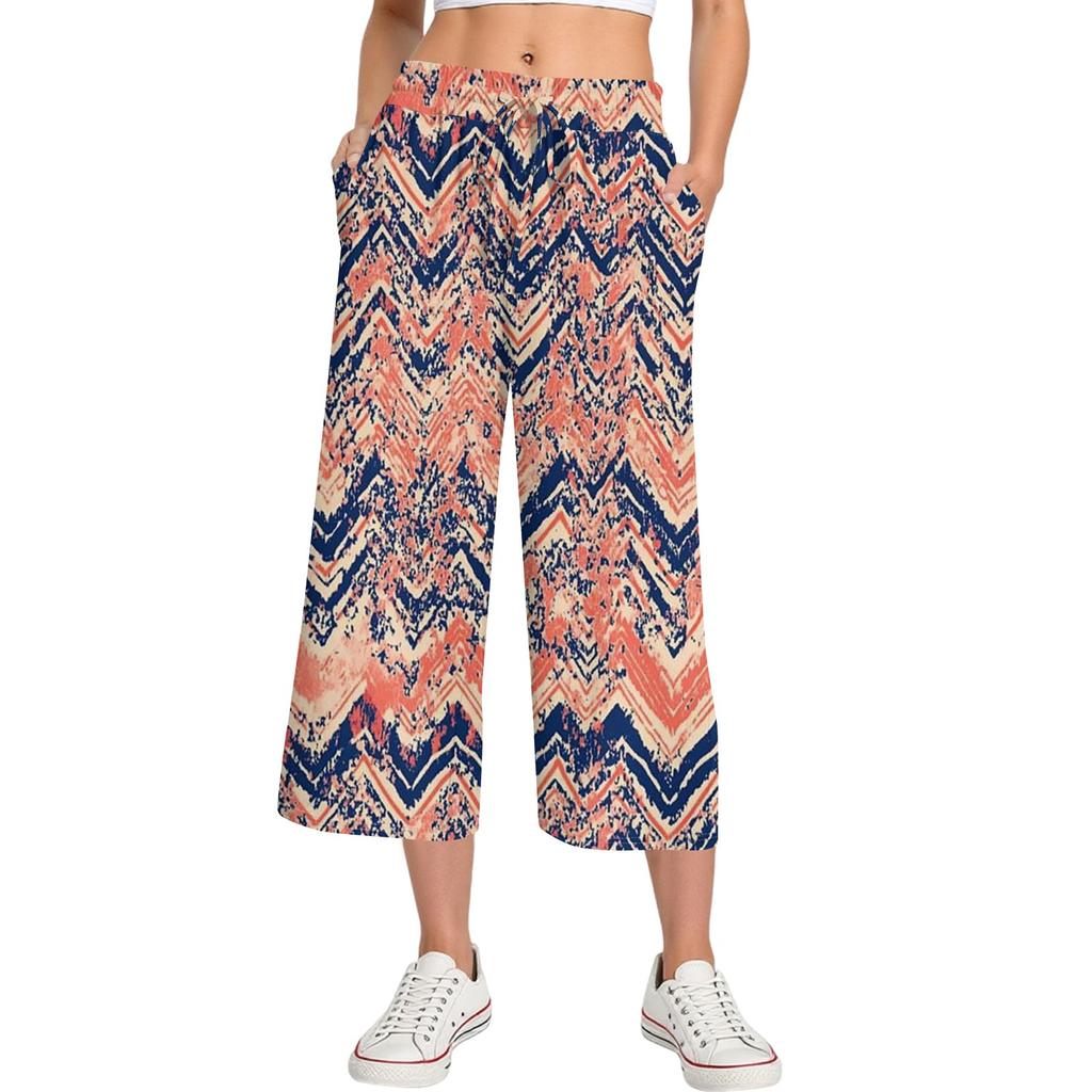 Damen Sommer Hohe Taille Bedruckte Freizeit-Sportbekleidung Lässige Cropped-Hose Weite Hose