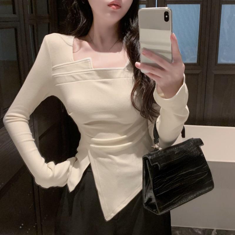 Irregular T Shirt for Women Spring Slim Crop Top Korean Style Long Sleeve Tees Y2k Solid Ladies Tshirts Femme Clothing 2024 New