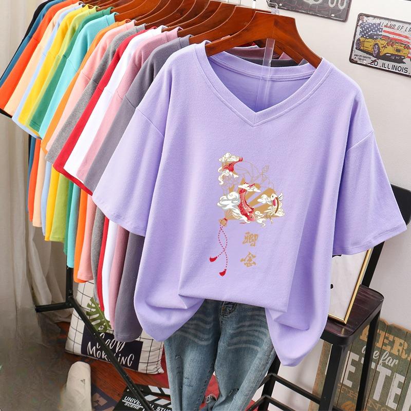 Kurzärmeliges T-Shirt, Locker sitzend, Schlankmachendes bedrucktes V-Ausschnitt-Top für Damen