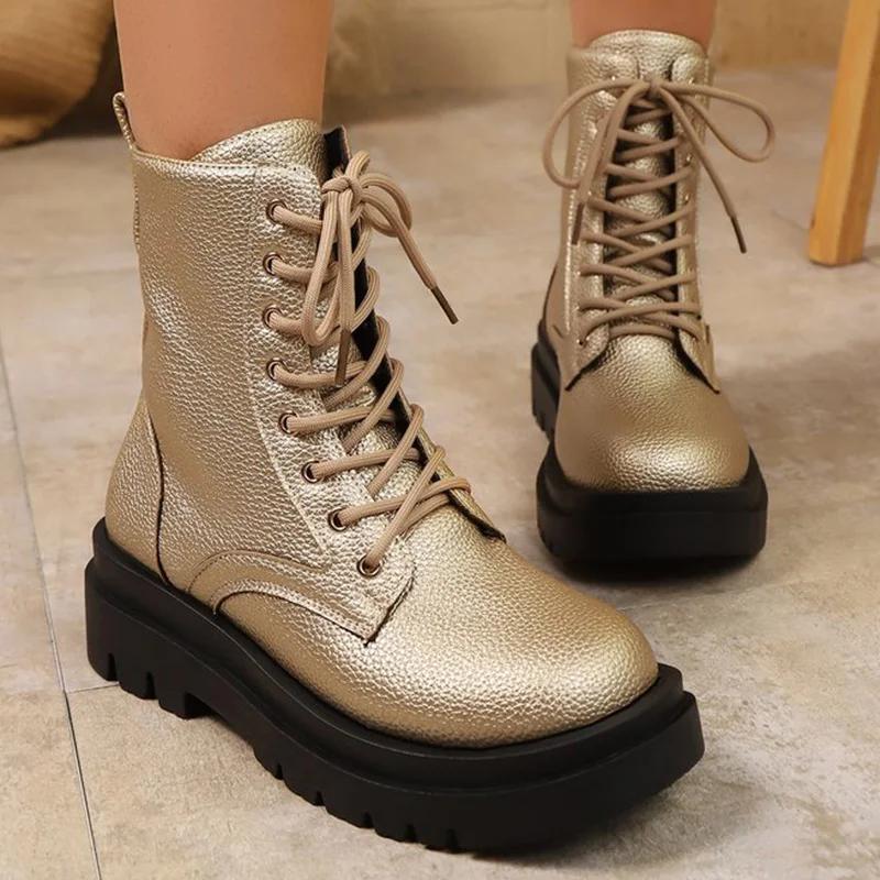 Golden Lace Up Ankle Boots Women Pu Leather Wedges Boots for Woman Spring Autumn Thick Bottom Plus Size 36-43 Booties Female