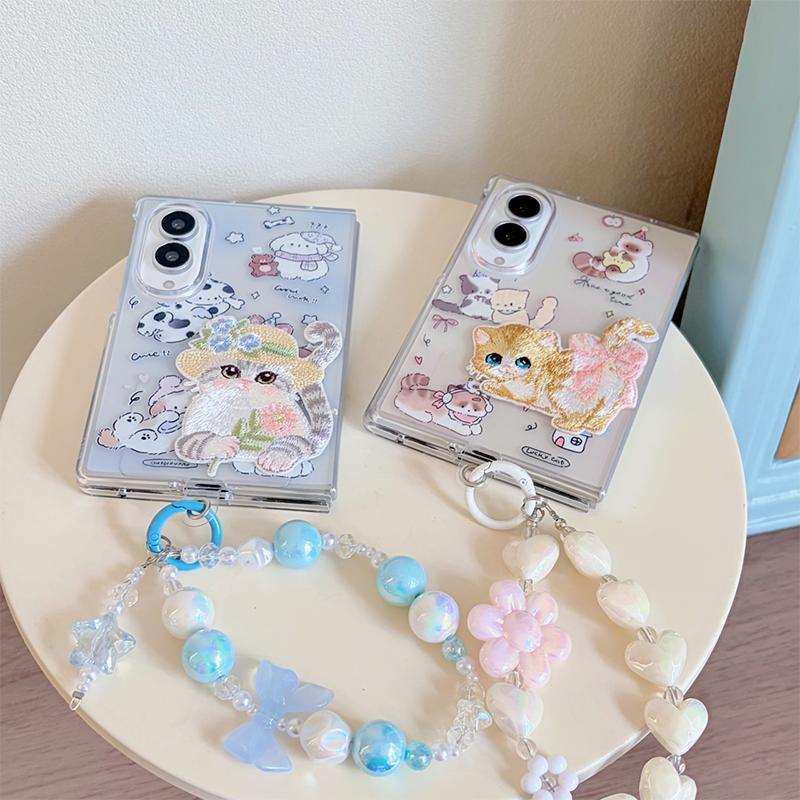 Kawaii Cartoon Cat Phone Case For Samsung Galaxy Z Fold 8 Ultra 7 6 5 Z Fold7 Fold6 Cover with Chain Hard Cute Cases Clear Funda