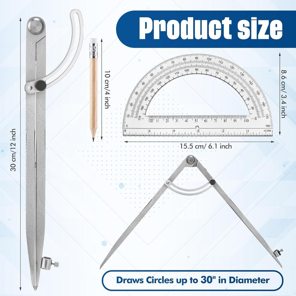 Zonon Professional 12 Inch Large Compass with Wing for Woodworking and 6 Inch Protractor Set, Pencil Compass for Geometry Math Carpenter, Drafting,