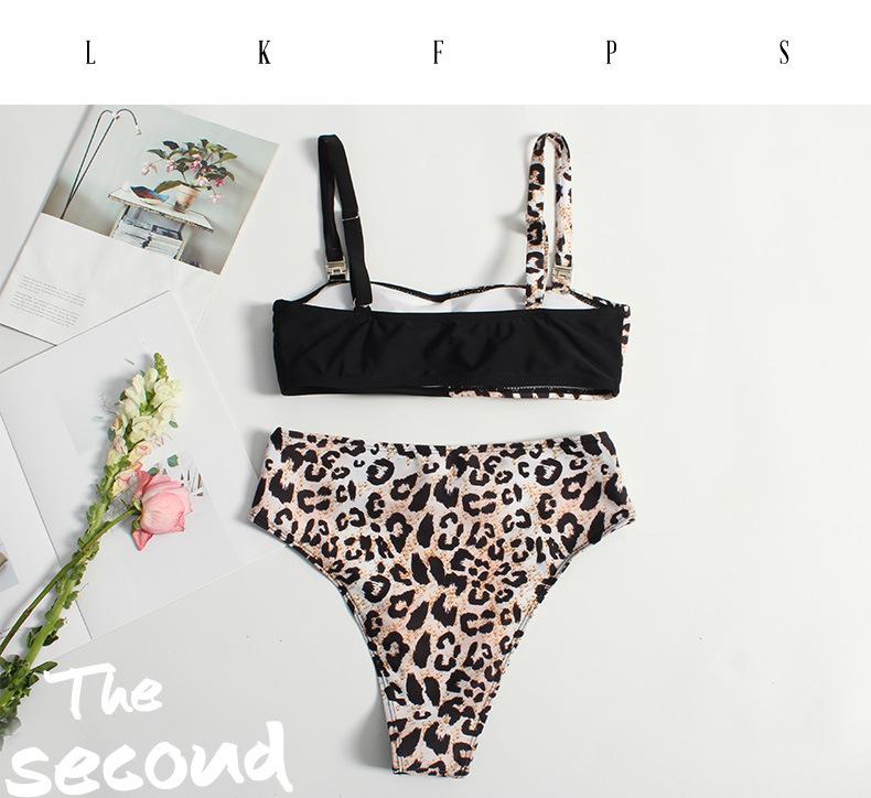 High-Waisted Leopard Print Patchwork Bikini - European and American Women's Two-Piece Swimwear