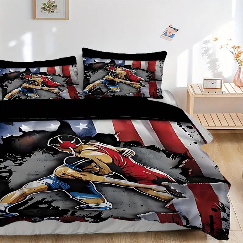 Set Copripiumino 3 Pezzi Scena di Combattimento di Wrestling Anime con Una Federa Copripiumino e Due Federe (Nessun nucleo) - Decorazioni per la Casa, Regalo di Festa, Tessuto in Poliestere, Anime