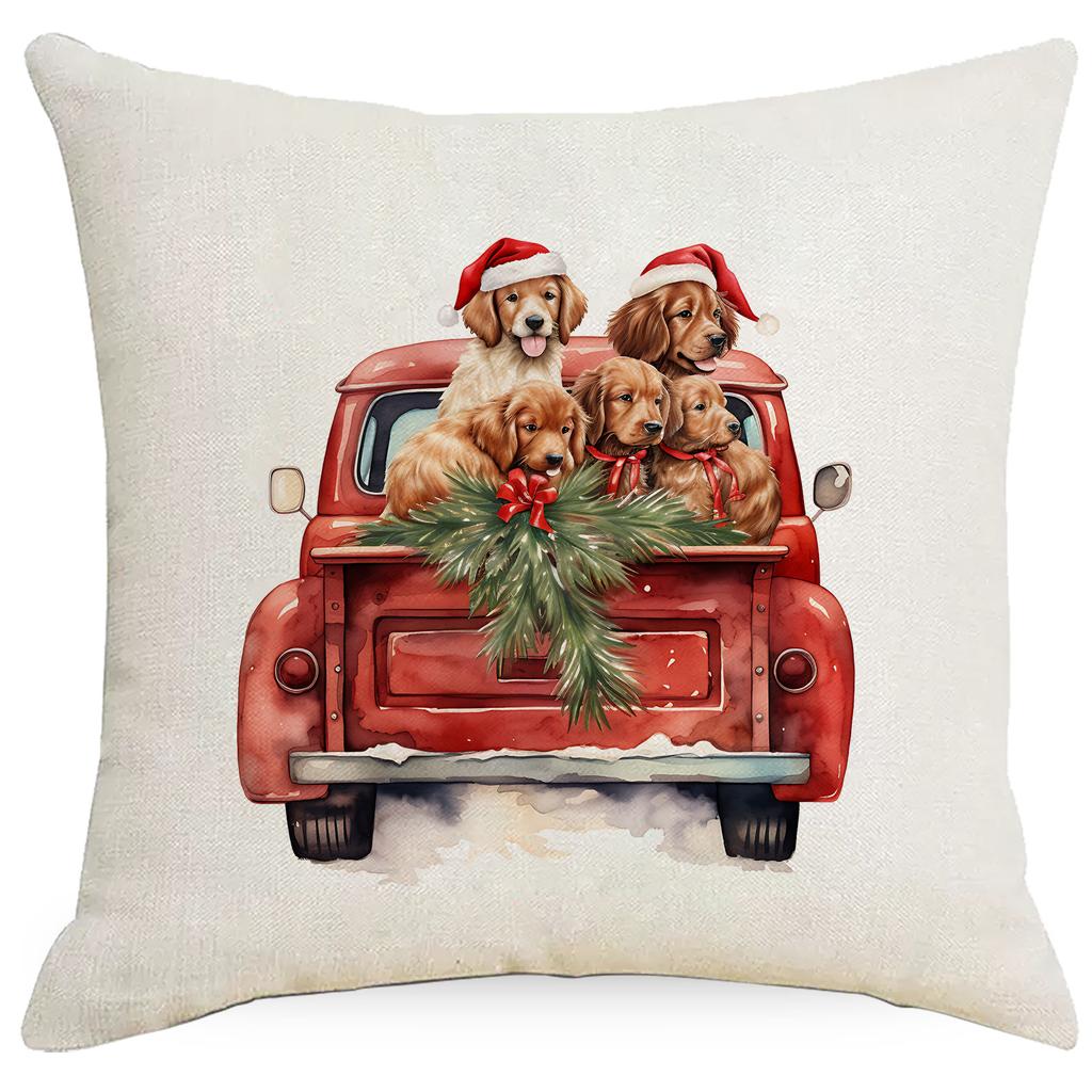 New Christmas Pillowcase Vintage Red Truck Cute Dog Christmas Tree Print Cushion Cover
