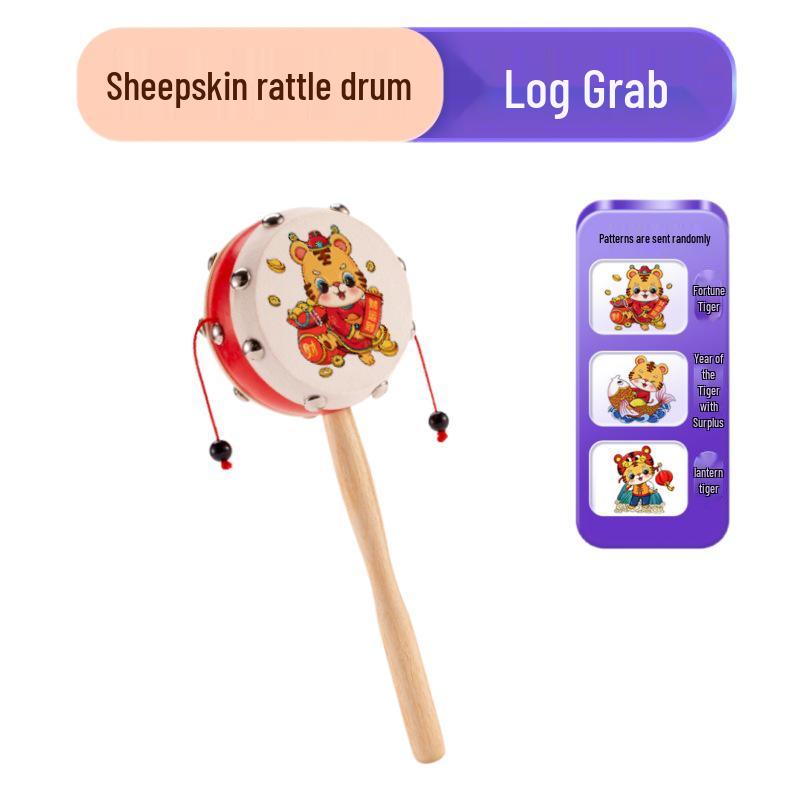 Wooden Sheepskin Baby Rattle Handheld Wave Drum for Newborns and Toddlers