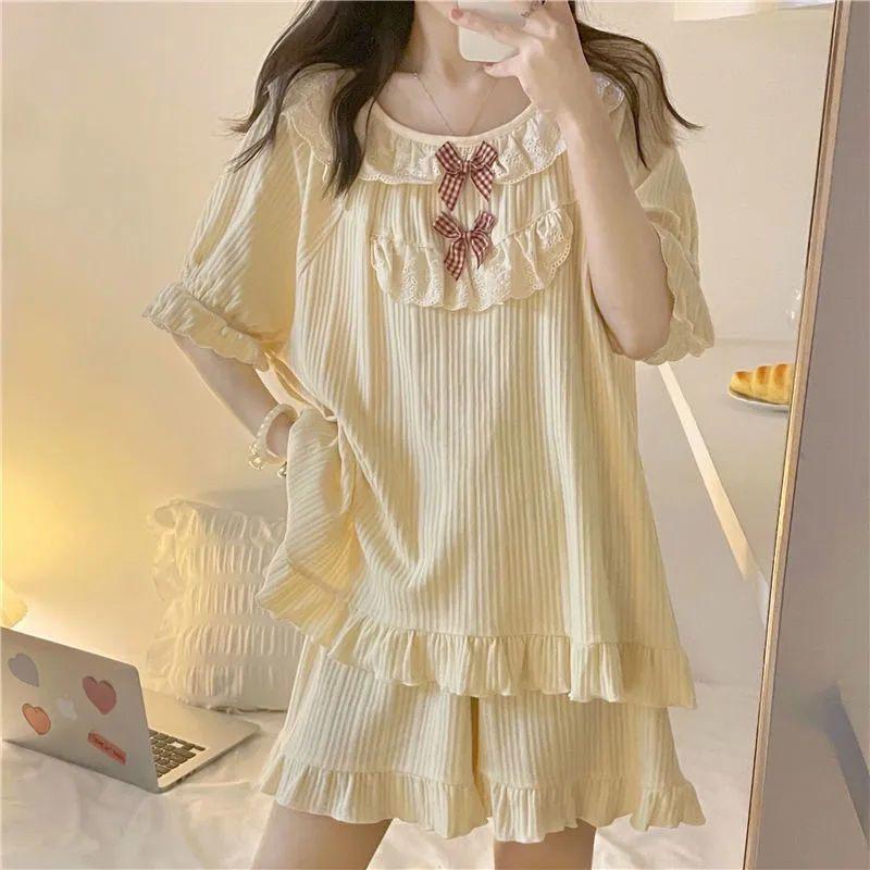 

Lady s Summer Pajamas Two Piece Sets Female Princess Style Pajamas Bow Short Sleeved Shorts Loose Loose Homewear S