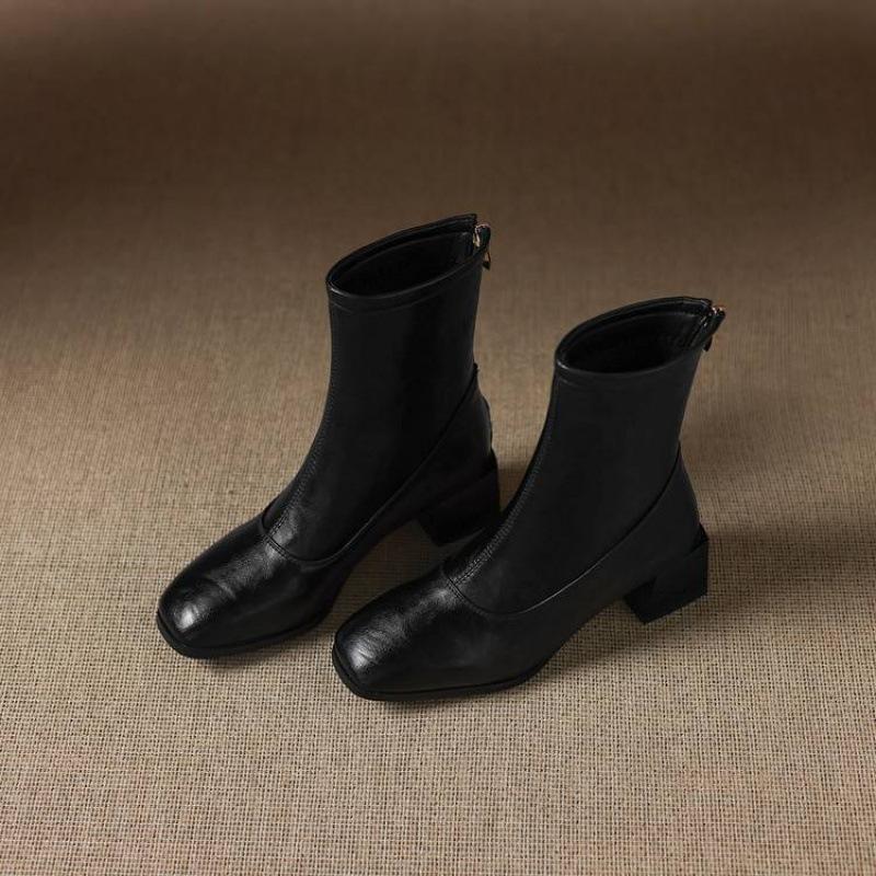 New Medium Heel Women's Medium Boots Solid Color Square Head Fashion Boots Women's Rear Zipper Large Size Women's Boots Korean Version Comf