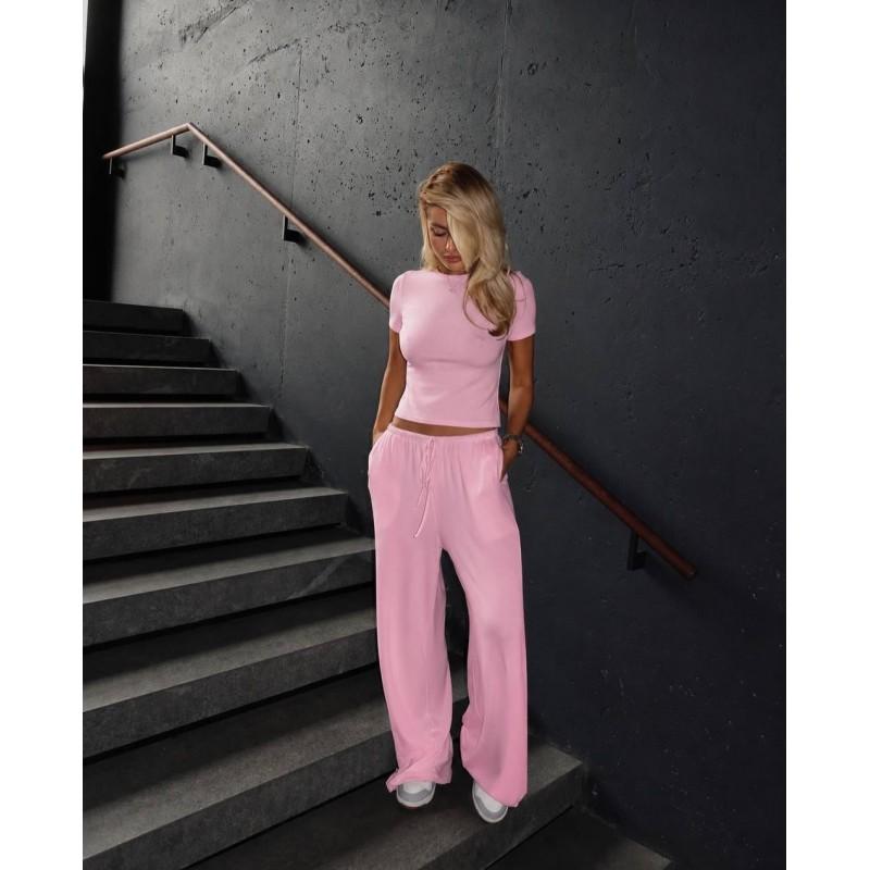 Womens Casual 2-Piece Set: Slim Fit Round Neck Short Sleeve Tee High-Waist Drawstring Wide Leg Pants
