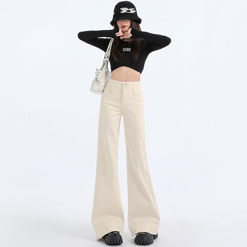 White High-Waisted Micro-Flare Women’s Jeans - Slimming & Loose Fit, Bell Bottom, Wide-Leg for Autumn/Winter 2024