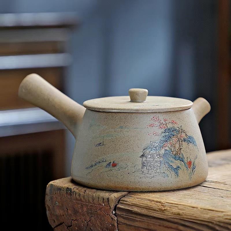 Wykwintny ceramiczny czajnik do herbaty Klasyka Chin Gruboziarnista ceramika Czajnik z uchwytem Ceramika Czajnik z drewna tekowego Czarny Zielony fioletowa glina Zestaw do herbaty z surowej rudy