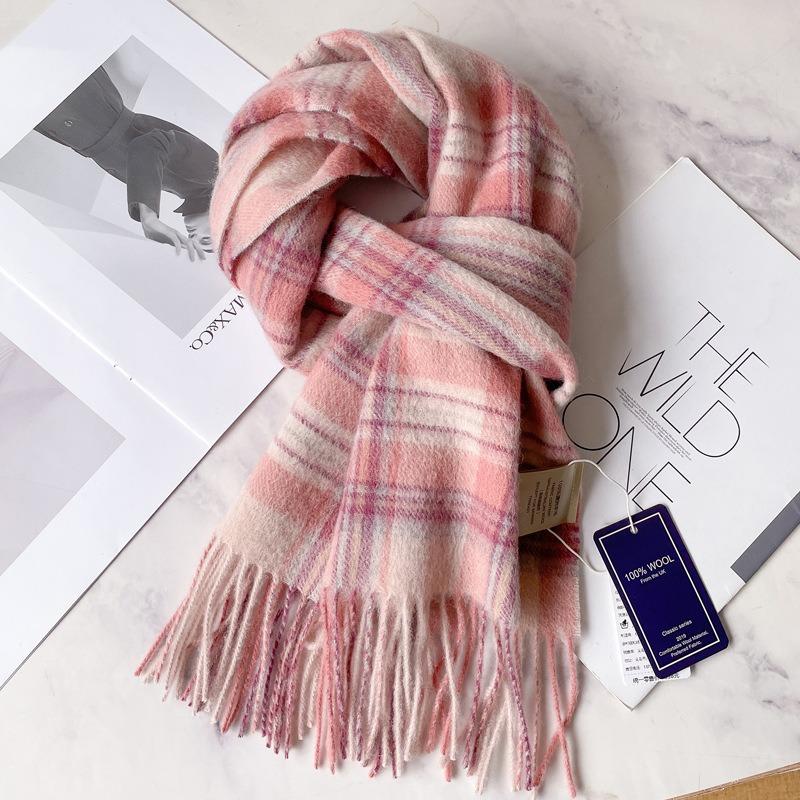 Camel brown 100 pure wool plaid scarf khaki women's winter thickened warm fringed shawl scarf