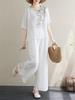 Summer New Arrivals: Artistic Retro Short-Sleeved Top & Pants Two-Piece Set for Mothers, Cotton Linen Blend
