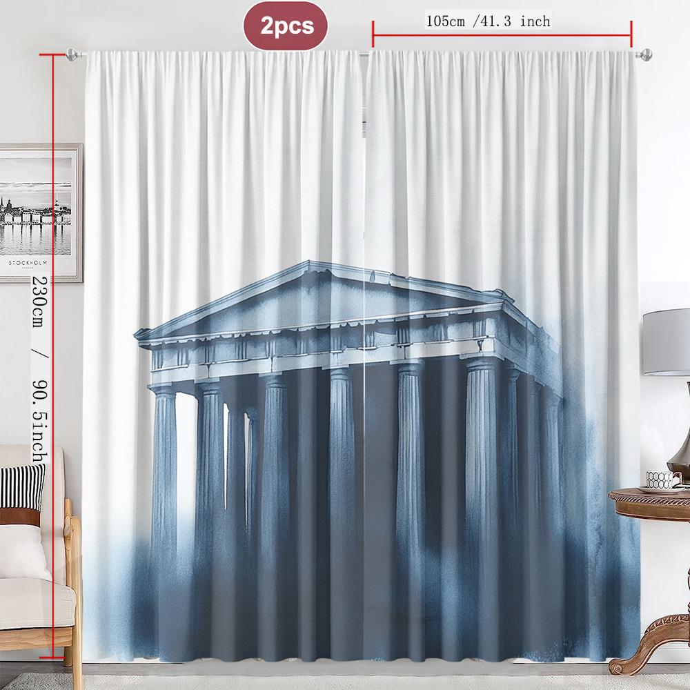 Greek Temple Curtains Set of 2 Rod Pocket Semi Sheer White Navy for Living Room Bedroom Decor