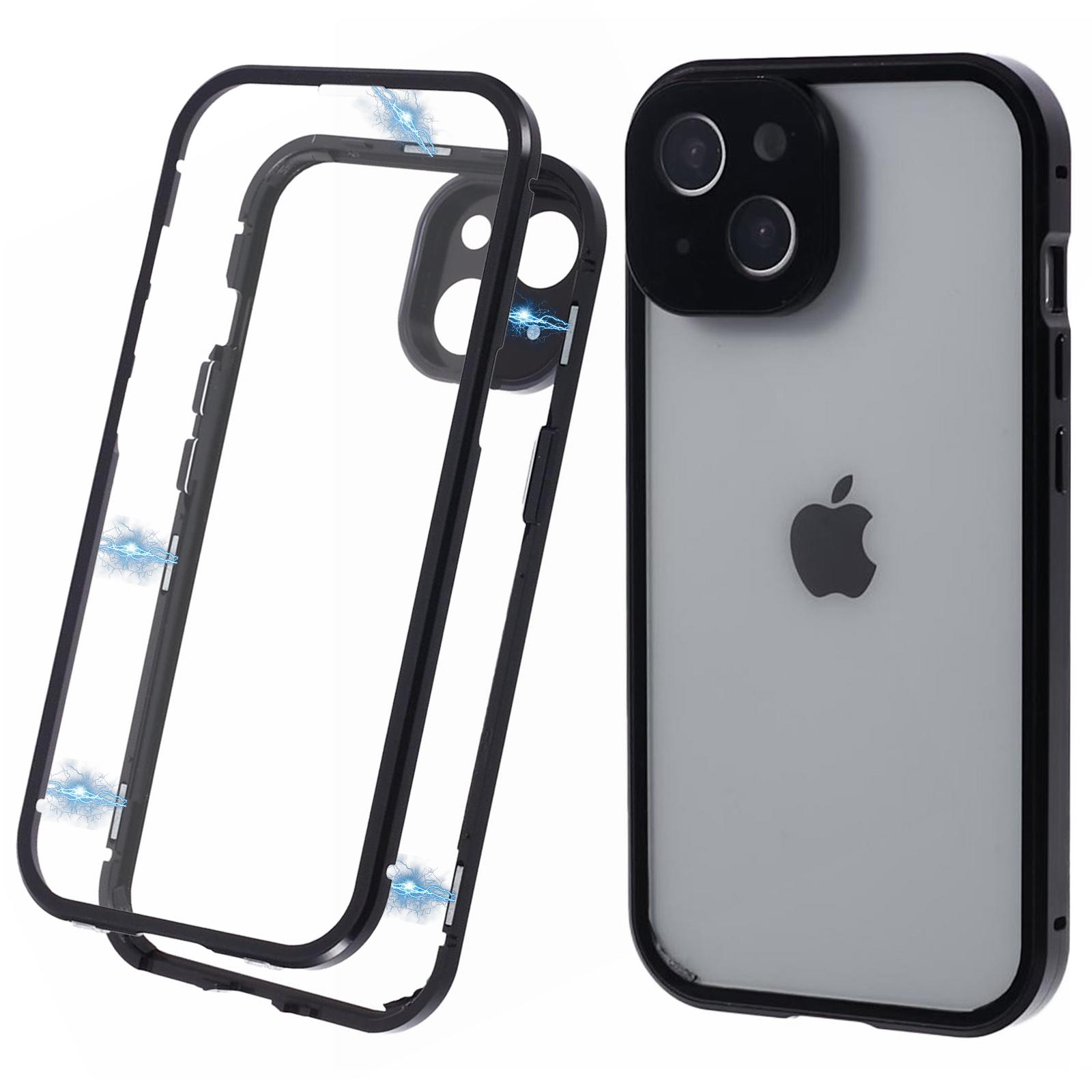 

For iPhone 15 Plus Phone Case 360-Degree Double-Sided Protection Tempered Glass with Safety Lock Black