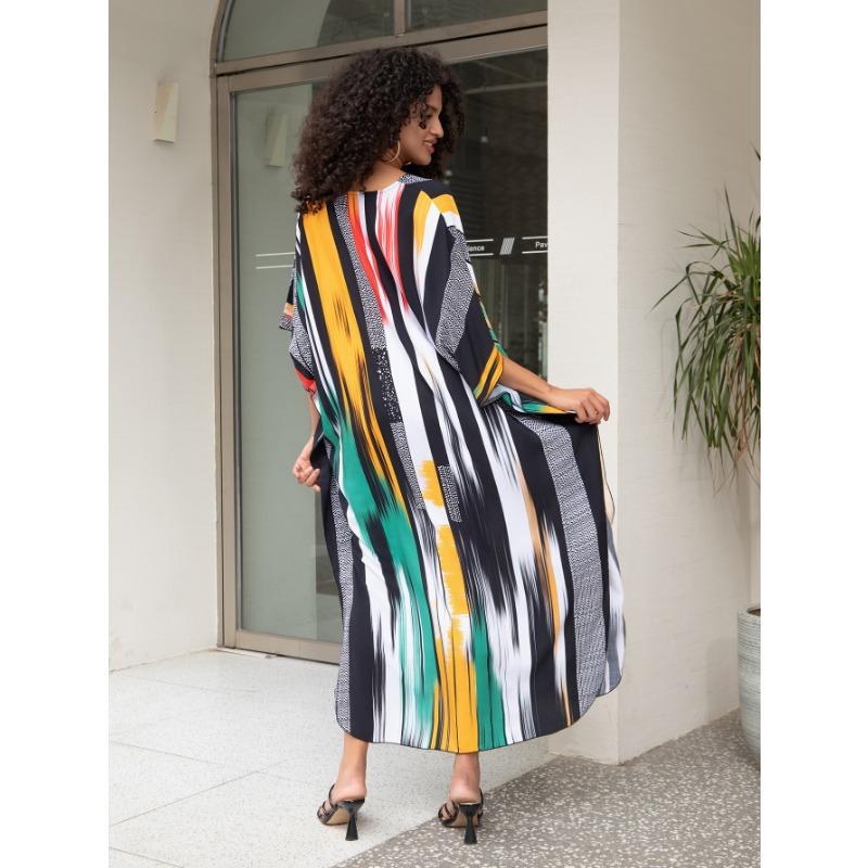 Damenmode Sommer Frühling Farbblockdruck 1/2 Ärmel V-Ausschnitt Lose Taille Freizeitkleider