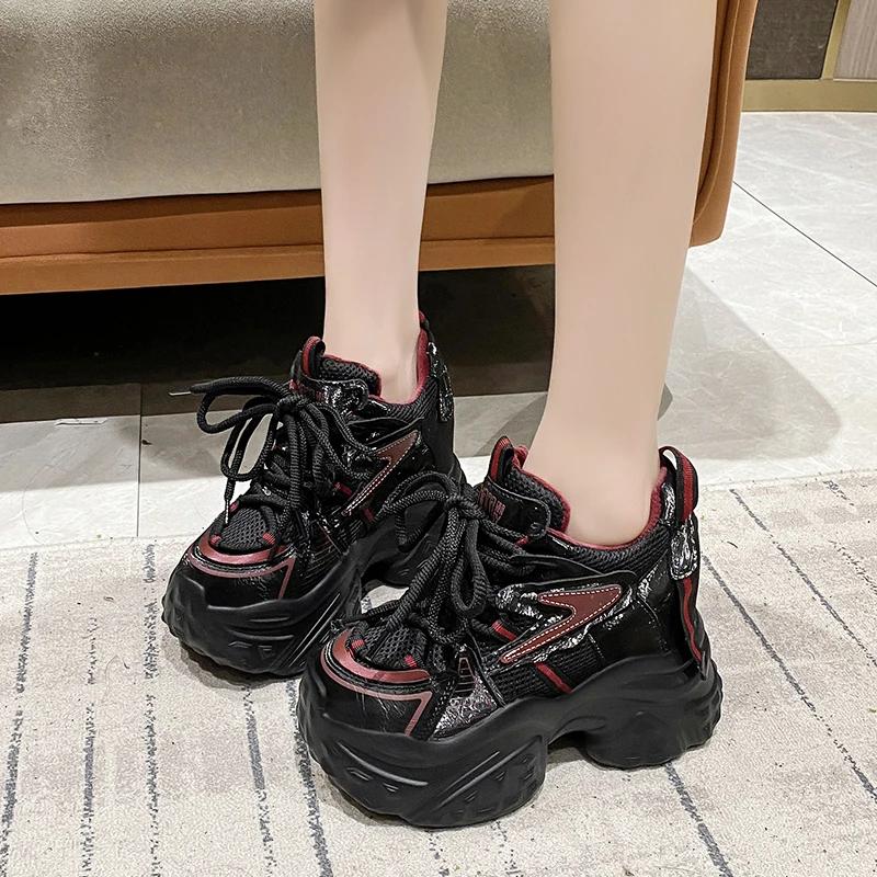 Fashion 12CM New Autumn Breathable Women Chunky Casual Shoes High Heels Winter Wedges Mesh Sneakers Thick Soles Trainers Platform Shoes