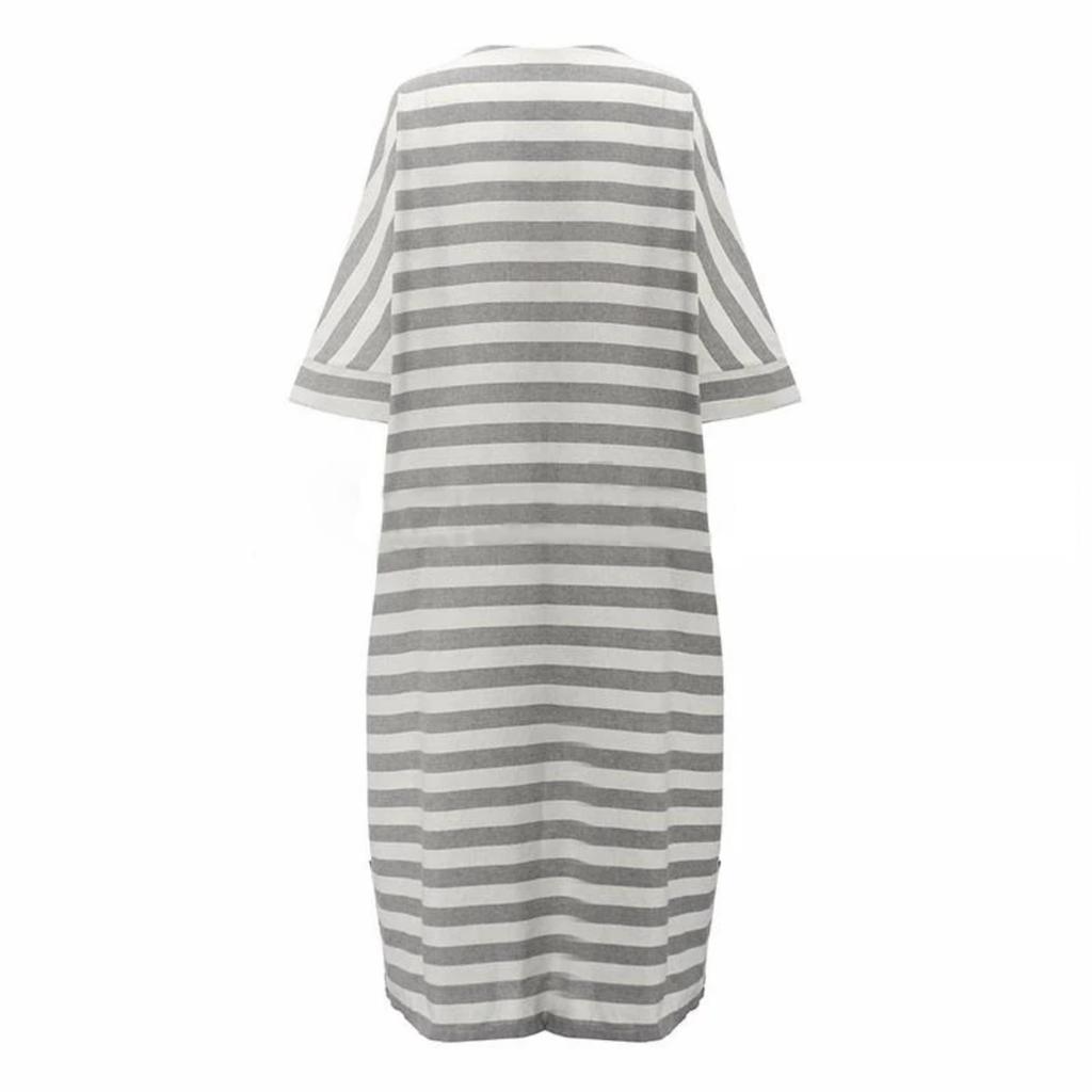 Damen Baumwolle Leinen Gestreiftes Kleid Sommer Locker Große Größe 4XL 5XL Maxikleid Robe Femme Lässig Lang Boho Kaftan Muslimisches Kleid