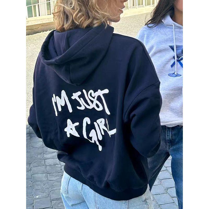

Fall 2025 New Arrival American Style Loose Oversize Letter Print Long Sleeves Hooded Sweatshirt Female Laid-Back Coat Navy blue M