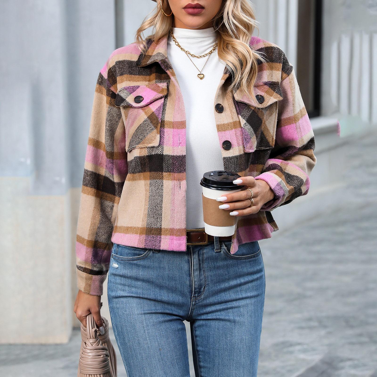 

Женские повседневные куртки на пуговицах в клетку с длинными рукавами и верхняя одежда Короткие пальто S розовый
