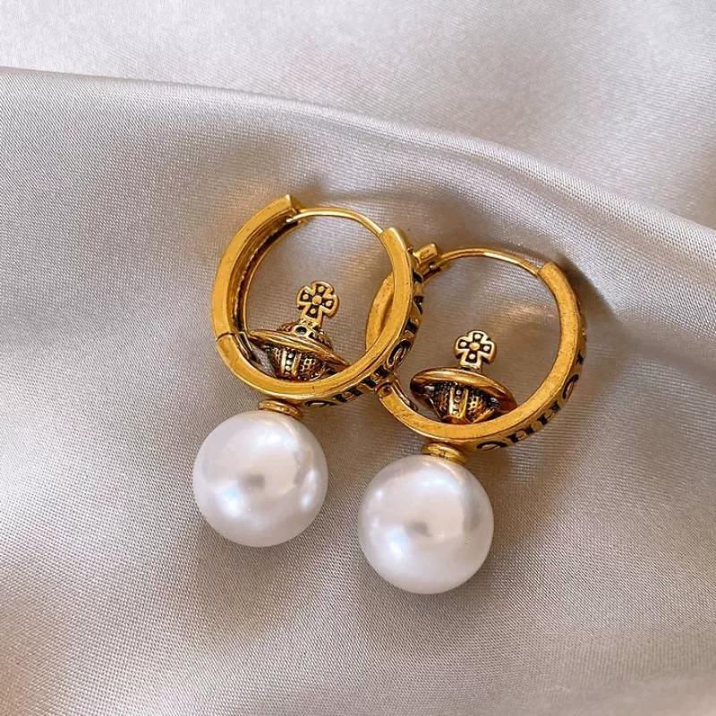 Silver Needle Multi-layer Letter Twill Zircon Pearl Earrings Medieval Vintage Light Luxury Stud Earrings Versatile Earrings