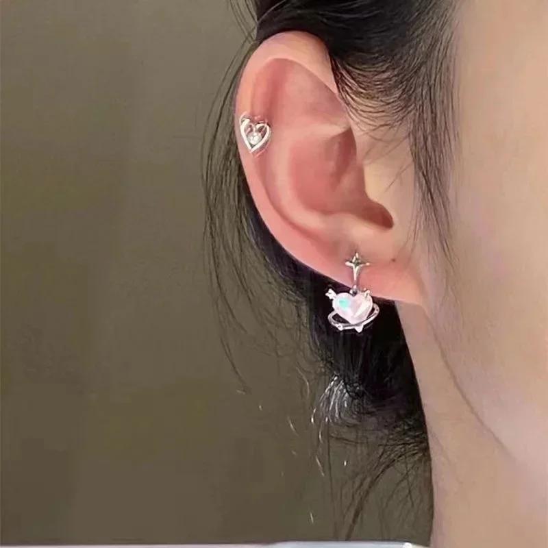 6Pcs Pink Heart Stud Earrings Set Women's Personality Korean Fashion Y2K Pink Crystal Temperament Star Earring Piercing for Ears