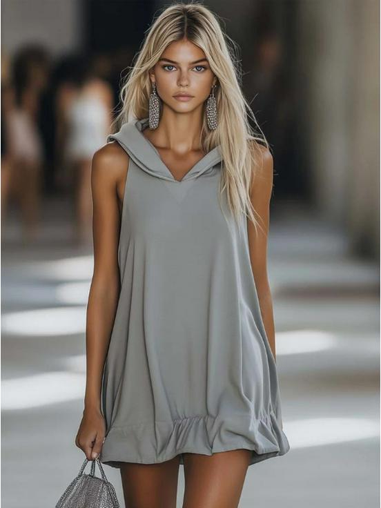 Casual Grey Sleeveless Hoodie Mini Skirt