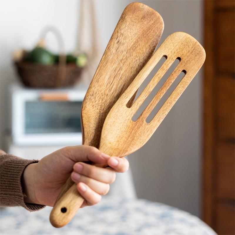 Teak Wood Pizza Shovel & Non-stick Spatula Set - Includes Frying, Salad, and Butter Scraper Spoons