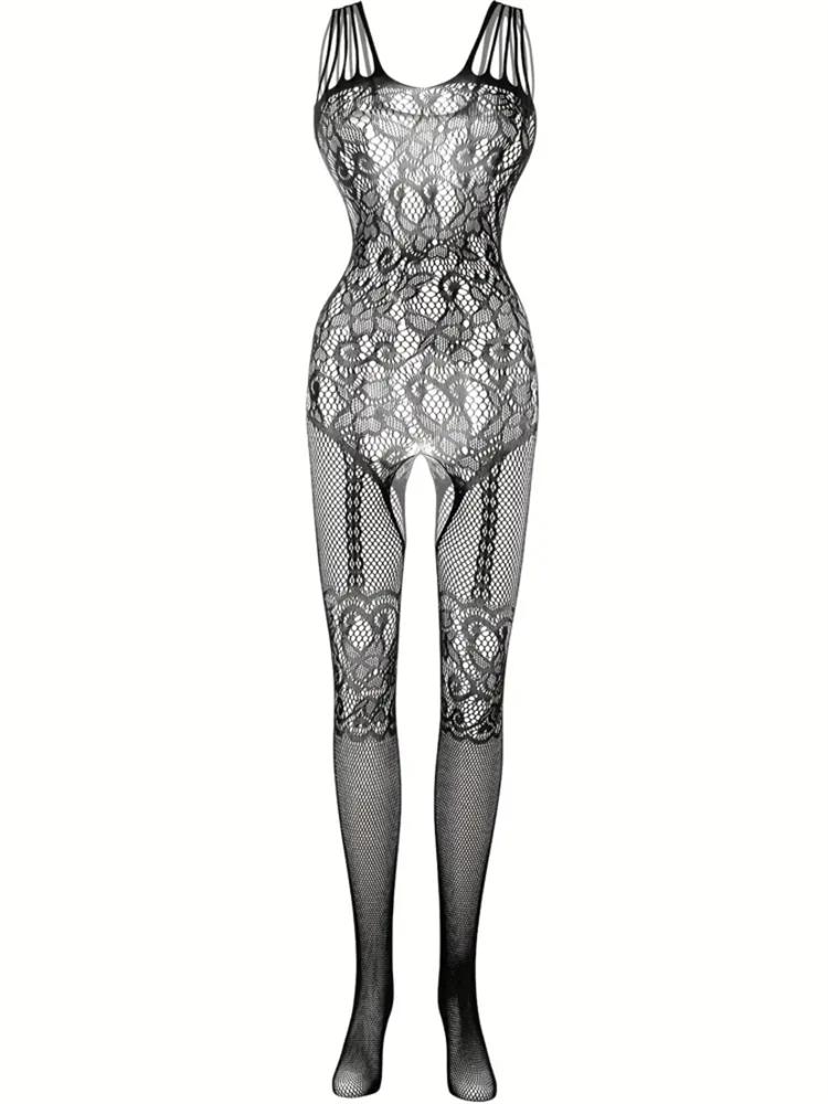 Hot Drilling Bodysuit Erotic Lingerie Women Fishnet Sexy Stockings With Belt Rhinestone Pantyhose Black Mesh Erotic Costumes