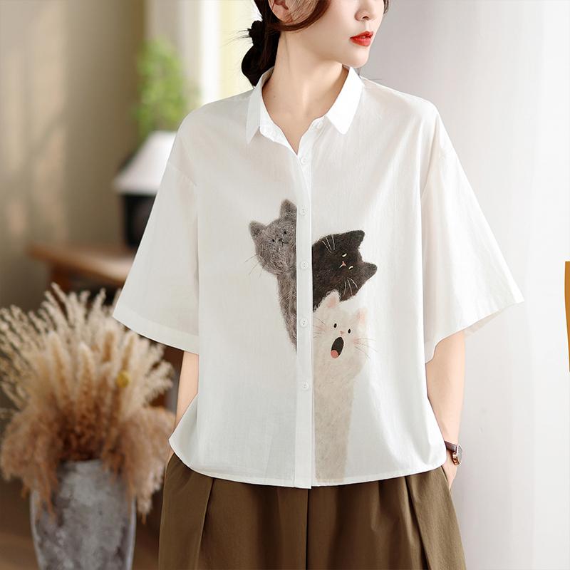 DIMANAF 2026 Women Plus Size New Summer Blouse Shirt Short Sleeve Cotton Print Casual Loose Lady Tops Shirts