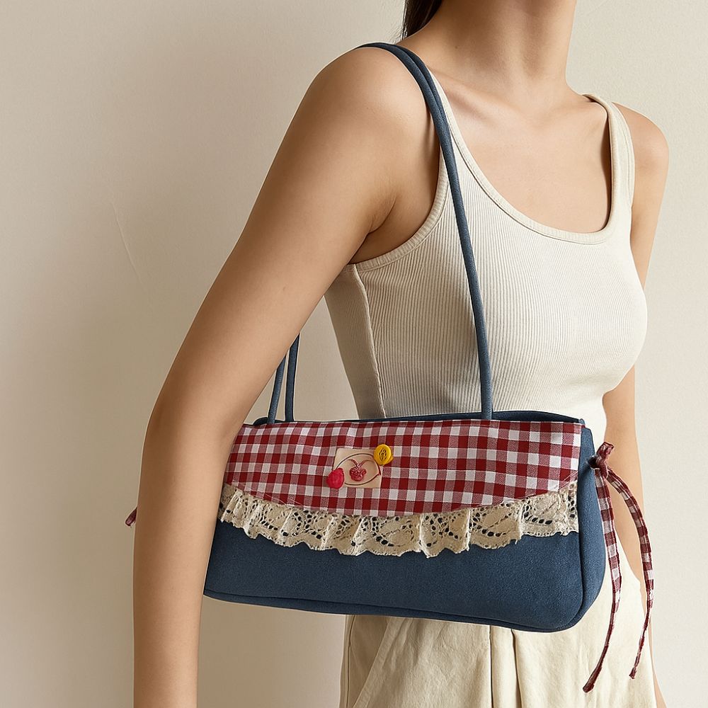 Black French Stick Handbag Denim Blue Cloth Underarm Bags Shopping Plaid Bow Shoulder Bag Travel