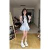 Blue striped shirt dress women's spring new lapel mid-sleeved waist shirt ruffle pleated skirt