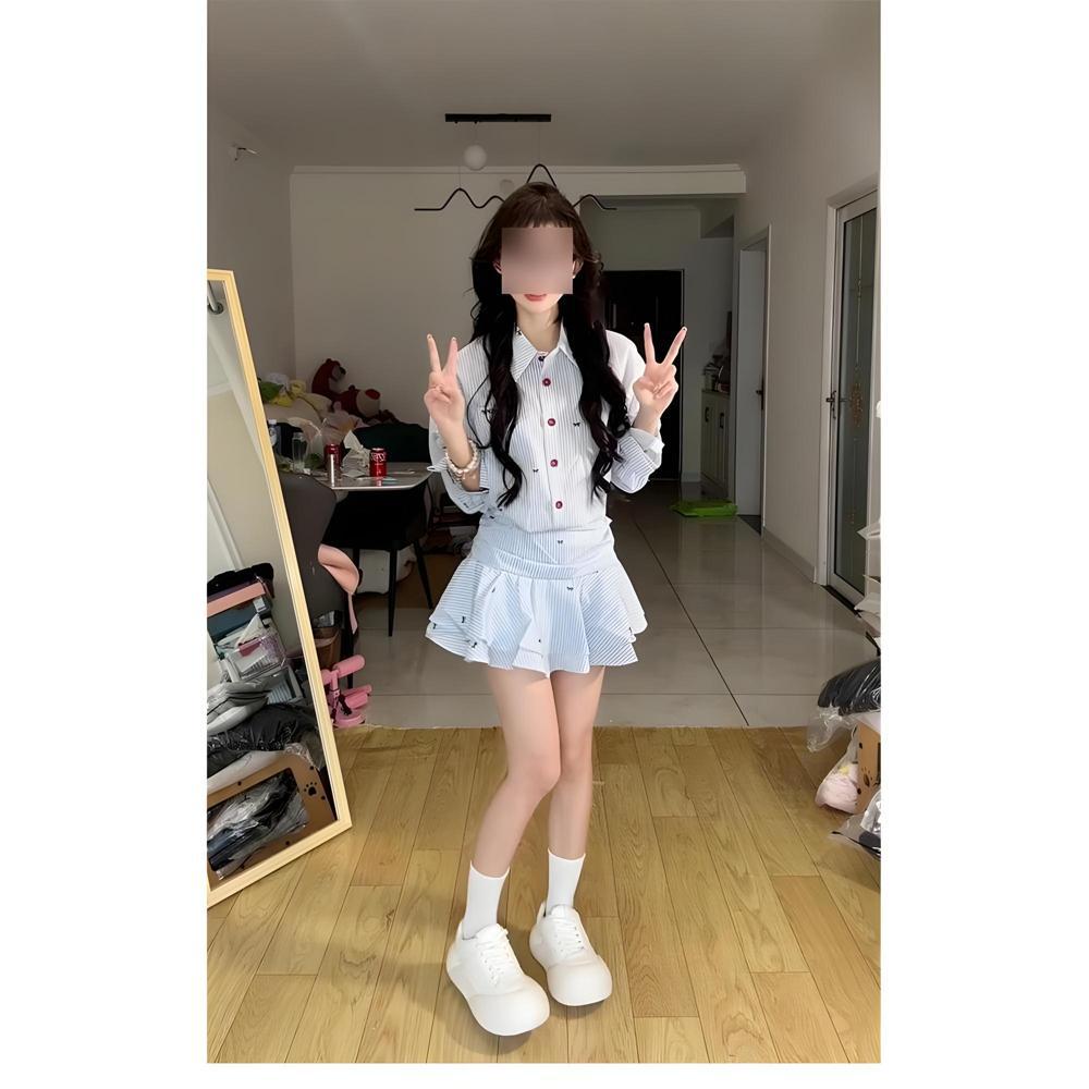 Blue striped shirt dress women's spring new lapel mid-sleeved waist shirt ruffle pleated skirt
