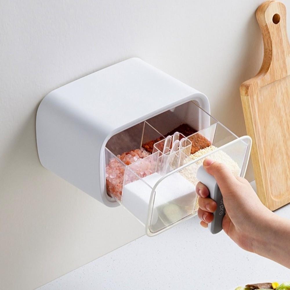 Wall Mount Seasoning Storage Box with Spoon Seasoning Container Spice Rack Kitchen Supplies