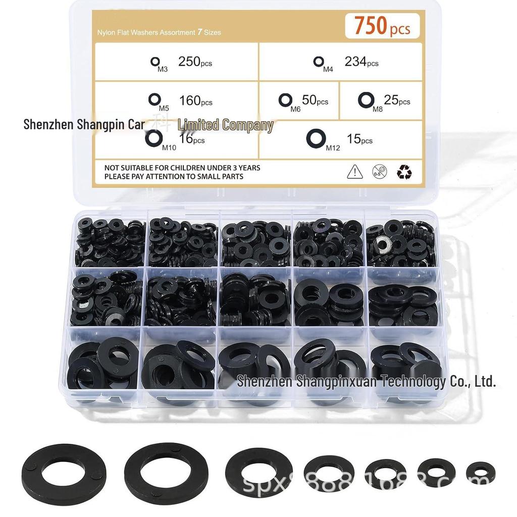 750-Piece Black Nylon Washer Assortment, 7 Sizes M3-M12