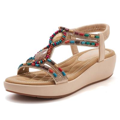 Women's Bohemian Wedge Sandals - Ethnic Retro Beaded Rhinestone Elastic Heels for Wedding, Festival, Beach, Casual - Comfortable Summer Shoes