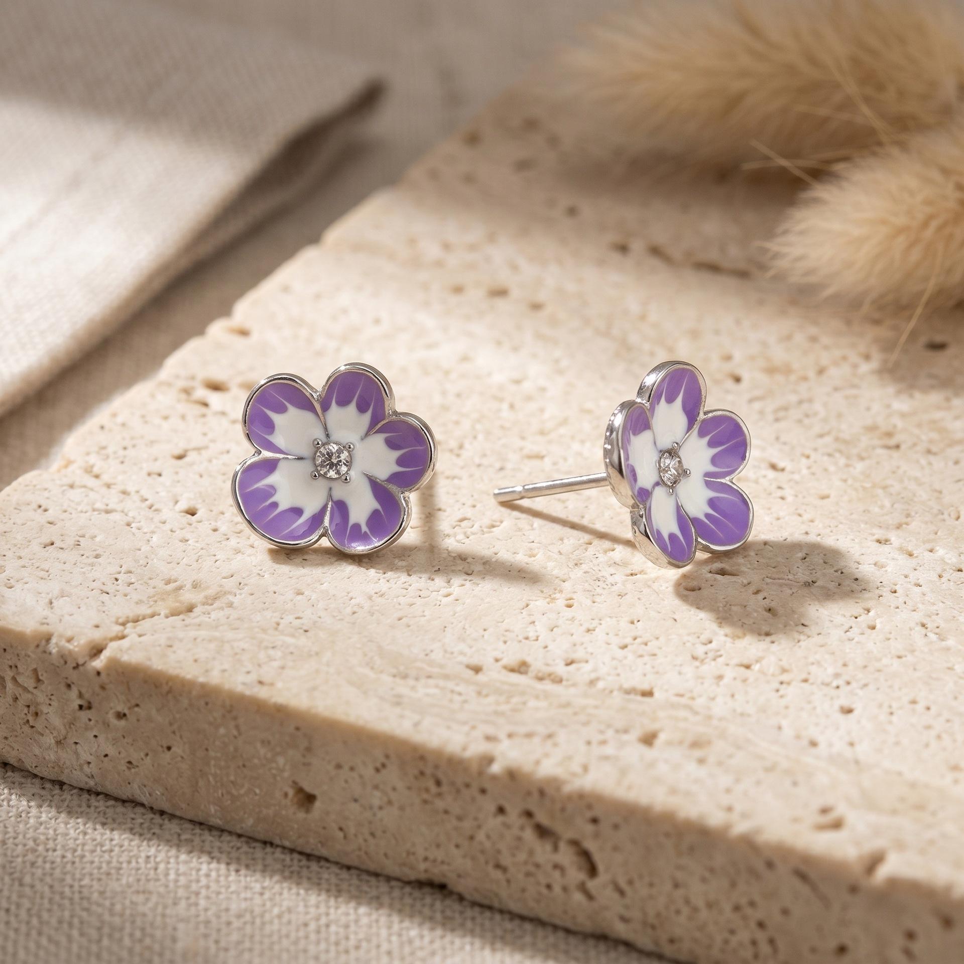 Purple & White Floral Rhinestone Stud Earrings - Korean Style, Gentle Design for Women