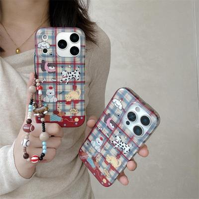 Korean-Style Blue & Red Plaid Puppy Illustration Chain Case for iPhone 17/16 Pro Max/15/14
