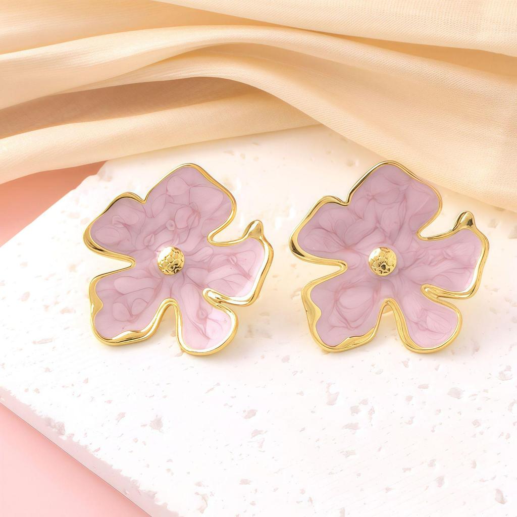 Luxury Titanium Steel Flower Stud Earrings with Enamel and Irregular Petals