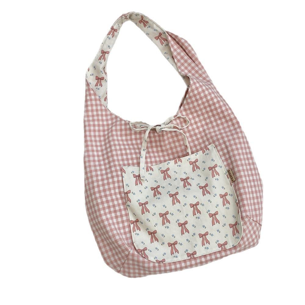 5591 Floral Plaid Tether Bow Shoulder Bag Spring and Summer Leisure Travel Large Capacity Tote Bag