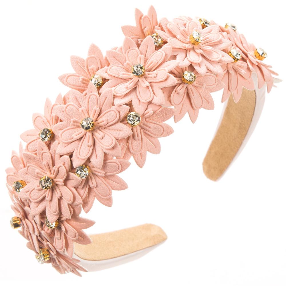 

Multi-layer Leather Flower Headband Female Sponge High Cranial Top Diamond Super Fairy Solid Color Korean Version Mori Hair Accessories 2026 рожевий