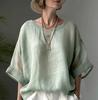 Solid Color Linen Top: Comfortable Round Neck Loose Plus Size Shirt