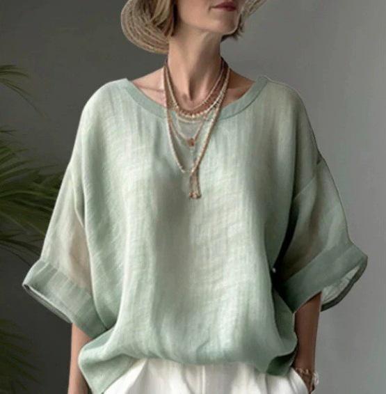 Solid Color Linen Top: Comfortable Round Neck Loose Plus Size Shirt