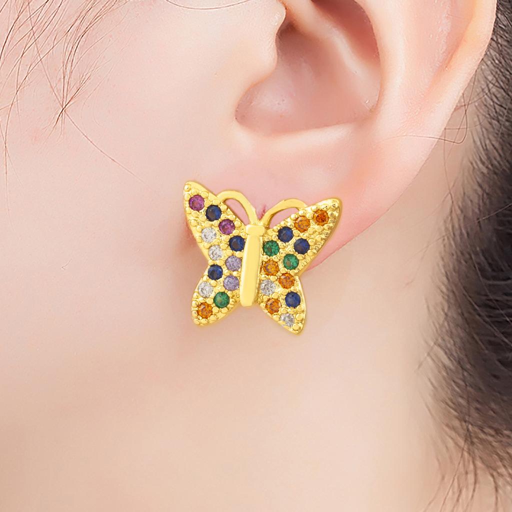 Nidin Hot Sale Rainbow Butterfly Shape Stud Earrings For Women Female Copper Inlaid Colorful Zircon Fashion Cute Ear Jewelry