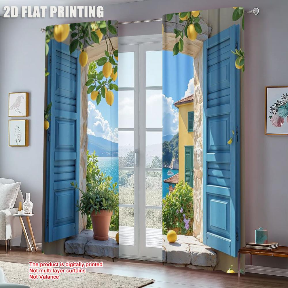 2pcs   spring summer Curtains Mediterranean View Lemon Open Sheer Curtains Versatile Polyester Fabric Decorations For Home Use